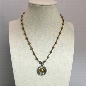 Rustic “All Seeing Evil Eye” Hammered Metal Pendant on a Stone Beaded Necklace